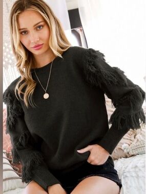 Vine & Love Black Fringe Sleeve Crewneck Sweater